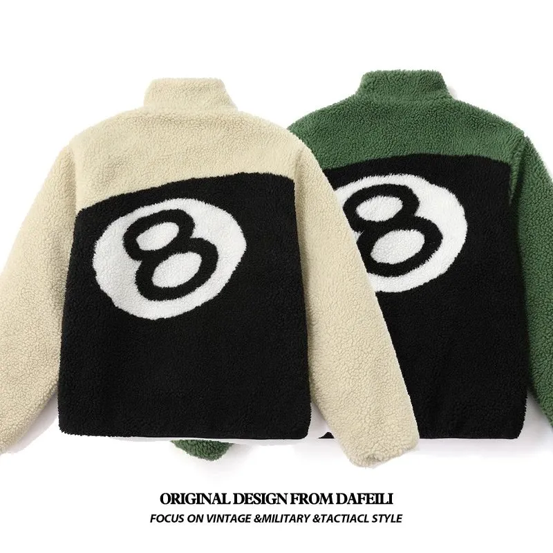 Double-sided wear retro American high street black eight black 8 billiards flocked lambskin fleece z (95)